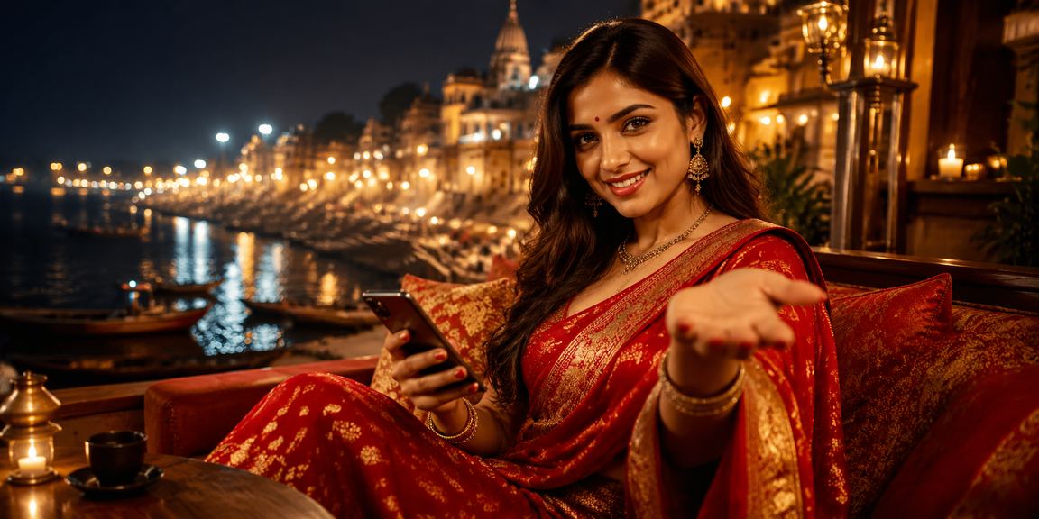 Player enjoying slots on mobile device near Varanasi ghats